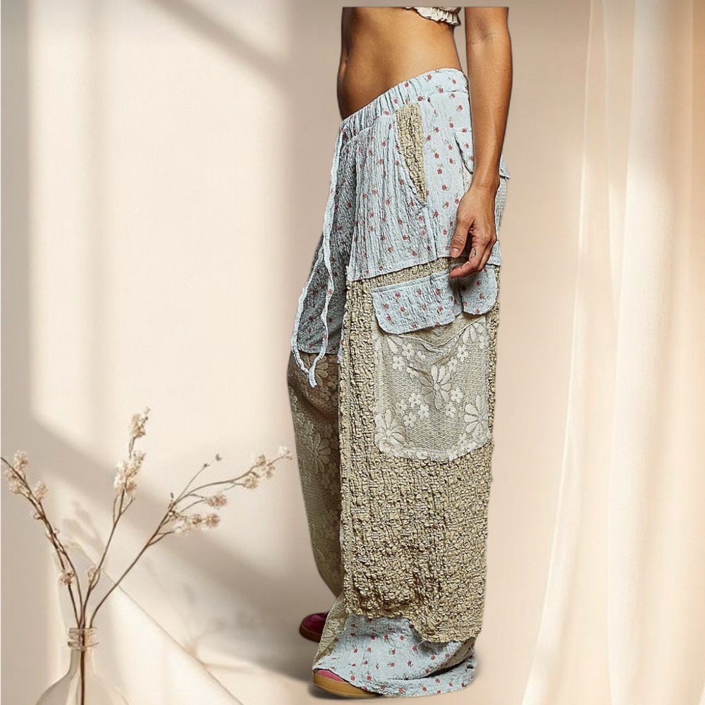 POL Powder Blue Crinkle Gauze Pants + Patchwork Floral Lace in Butter Blue - Picture 3 of 8